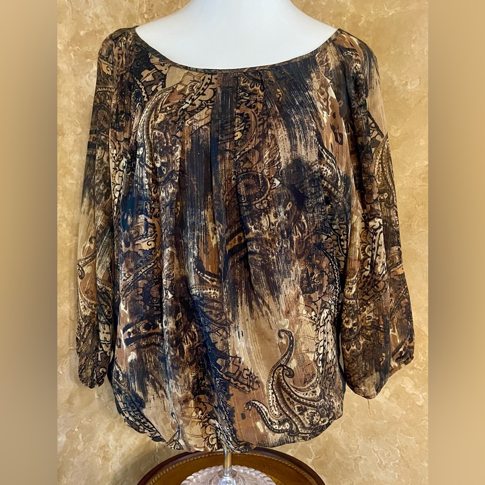 Dressbarn Black and Brown Relaxed Blouse with Dolman Sleeves